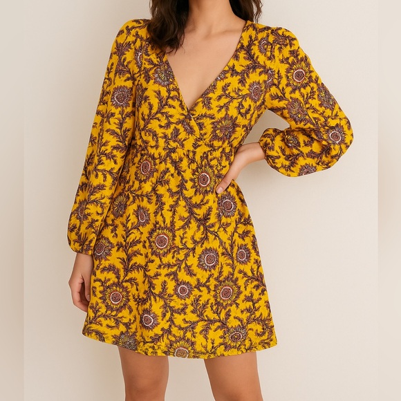 ALC Myra Floral Mini Dress Women's Size 2 Yellow Beige Long Sleeve - Picture 1 of 15
